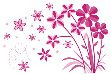 Decorative floral vector with pink flowers and stars on a white background