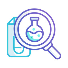 Lab Research Icon: Magnifying Glass, Flask, and Data Sheet on Black