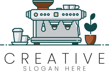 Modern Espresso Machine Coffee Shop Design Illustration cup mug pot art cafe gray line logo icon    