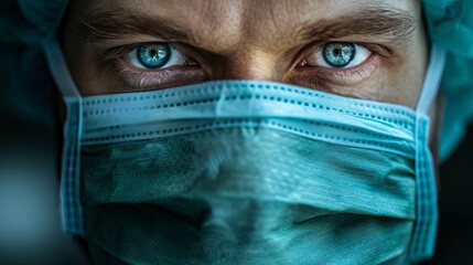 Focused face of a middle aged caucasian surgeon with blue eyes wearing mask and surgical cap. Portrait of a doctor working at procedure in modern surgery room