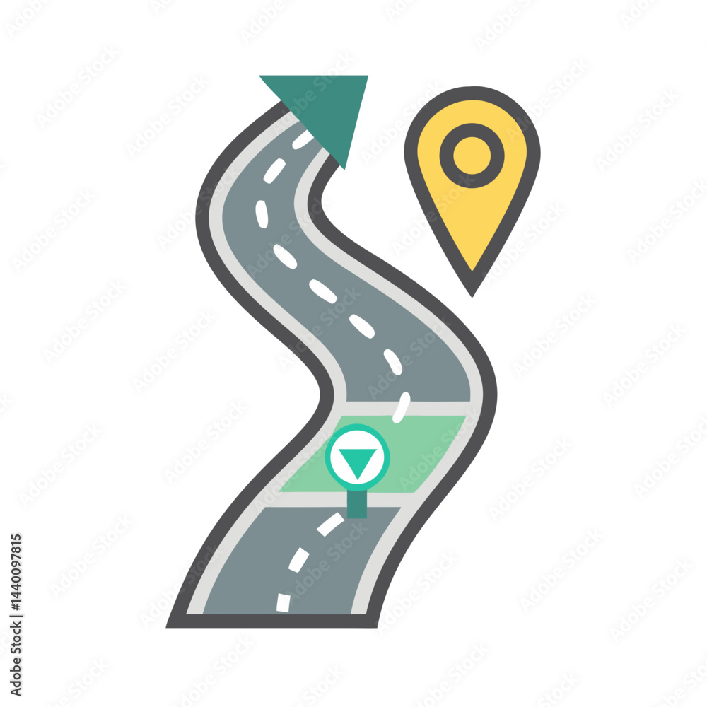 Poster winding road map with destination pin pointer and gps location markers