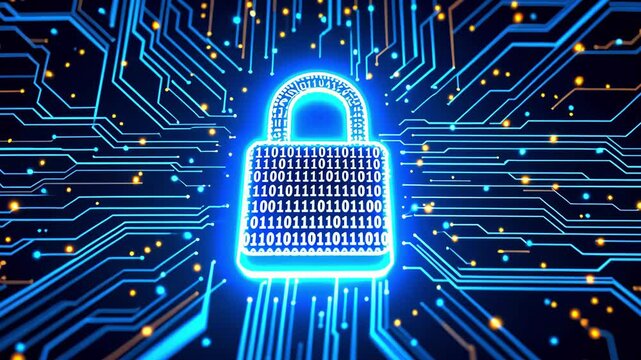 Digital padlock symbolizing cybersecurity amidst glowing circuit patterns and binary code