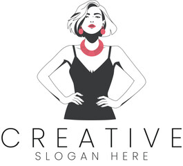 Stylish Woman Elegant Black Dress Red Jewelry Fashion Design Minimalist Vector Illustration art girl