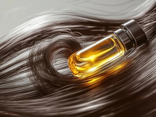 3D - rendered luxurious hair oil bottle on glossy dark hair, embodying high - end hair nourishment and repair.