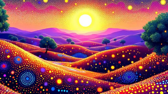 Vibrant Sunrise Over a Dotted Hillscape, Evoking a Peaceful Dream