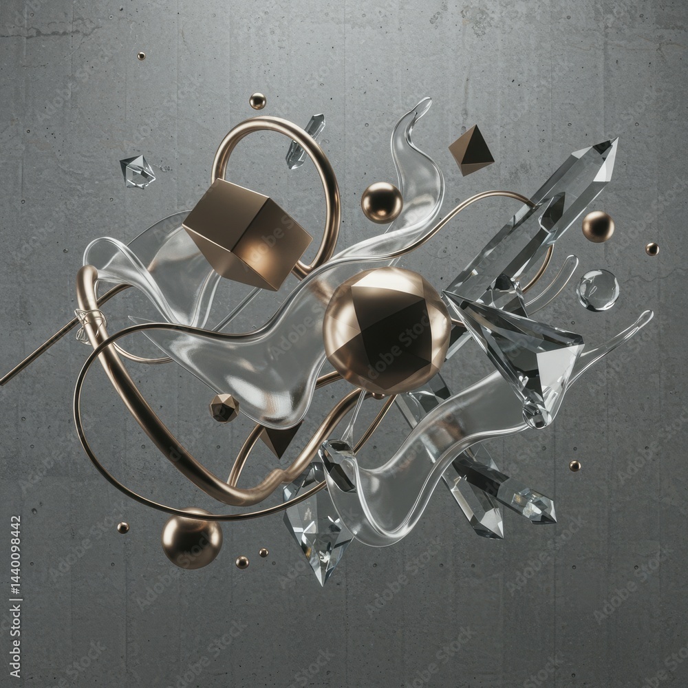 Aufkleber abstract 3d render of floating geometric shapes and liquid glass forms against a concrete background