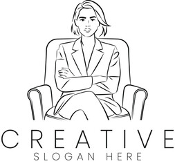Elegant Woman Sitting Armchair Modern Line Art Minimalist Business Logo Design icon pose black white