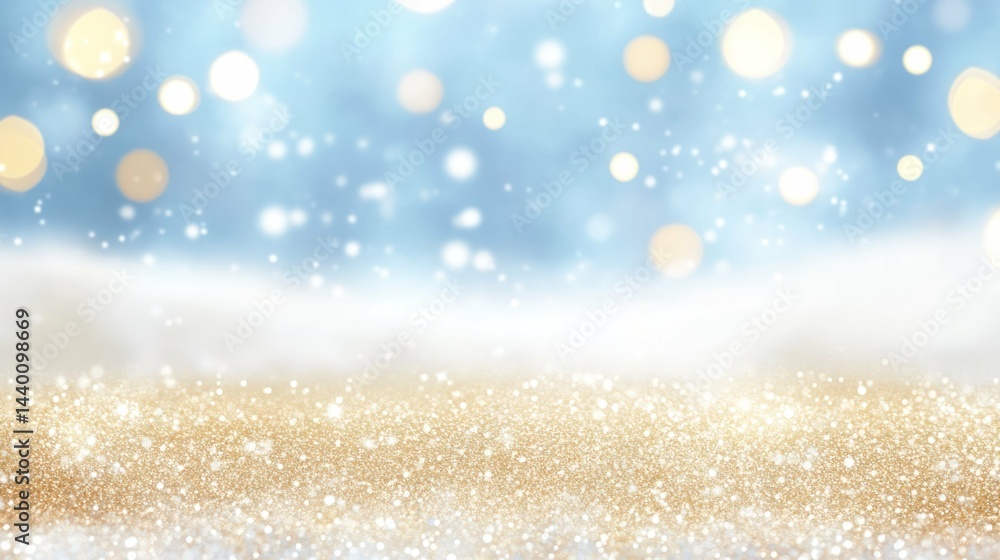Poster dreamy golden and blue bokeh background with sparkles and glittering texture.