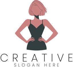 Stylish Woman Minimalist Fashion Logo Design Elegant Vector Illustration art girl chic pink icon    