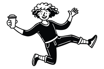 Excited cartoon woman jumping with coffee cup outline vector illustration