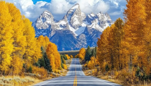 Scenic autumn road flanked by golden aspen trees leading to majestic snow-capped mountains under a vibrant sky
