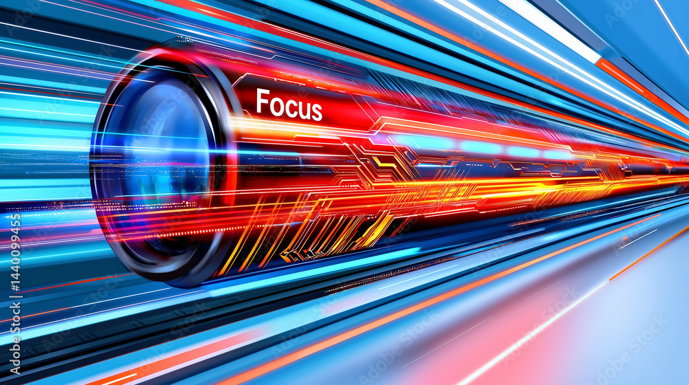 Poster concept of high-speed data transmission or optical technology featuring the word focus on a lens ele