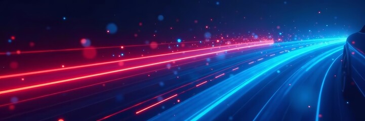 Dynamic blue and red light streaks in abstract digital design, swirls, futuristic, motion