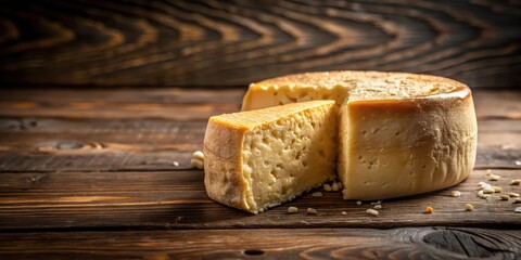 Rich, crumbly hard cheese placed on a dark wooden background with subtle cracks and texture details, showcasing its natural hues and patterns, hard cheese, food styling
