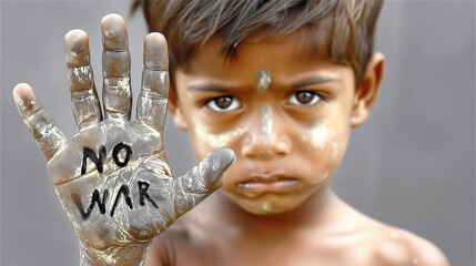 Portrait of a child with No War written on their dirt-smudged palm, a plea for peace from the innocent victims of conflict.