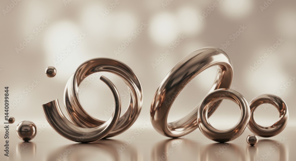 Aufkleber abstract composition of intertwined metallic rings and spheres: a study in form and reflection