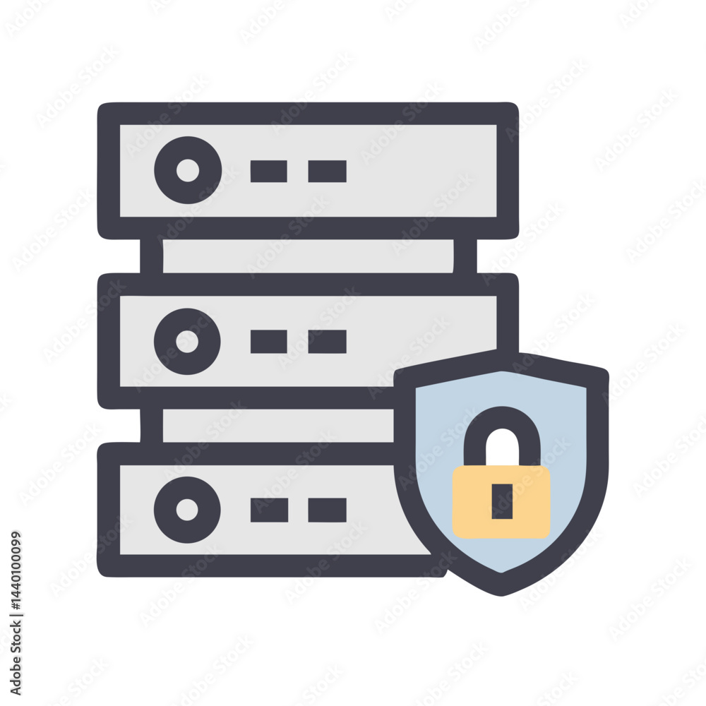 Poster data server security: icon of database with lock and shield