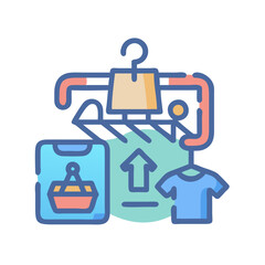 Online Clothing Shop Illustration with hanger, t-shirts, and an up arrow icon.