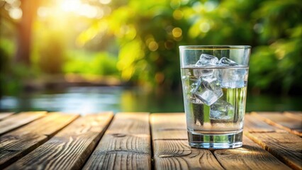 A glass of refreshing water with ice cubes floating in it on a wooden table, table, outdoor,  table, outdoor
