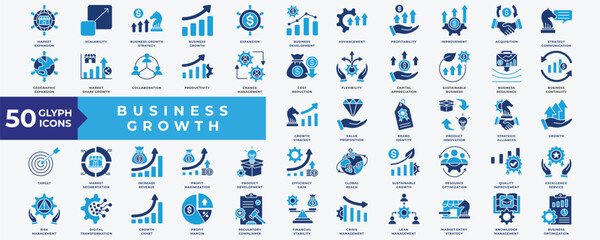 Business Growth icon set with market expansion, scalability, strategy, business development, improvement, strategy communication, collaboration, productivity, change management, growth and development