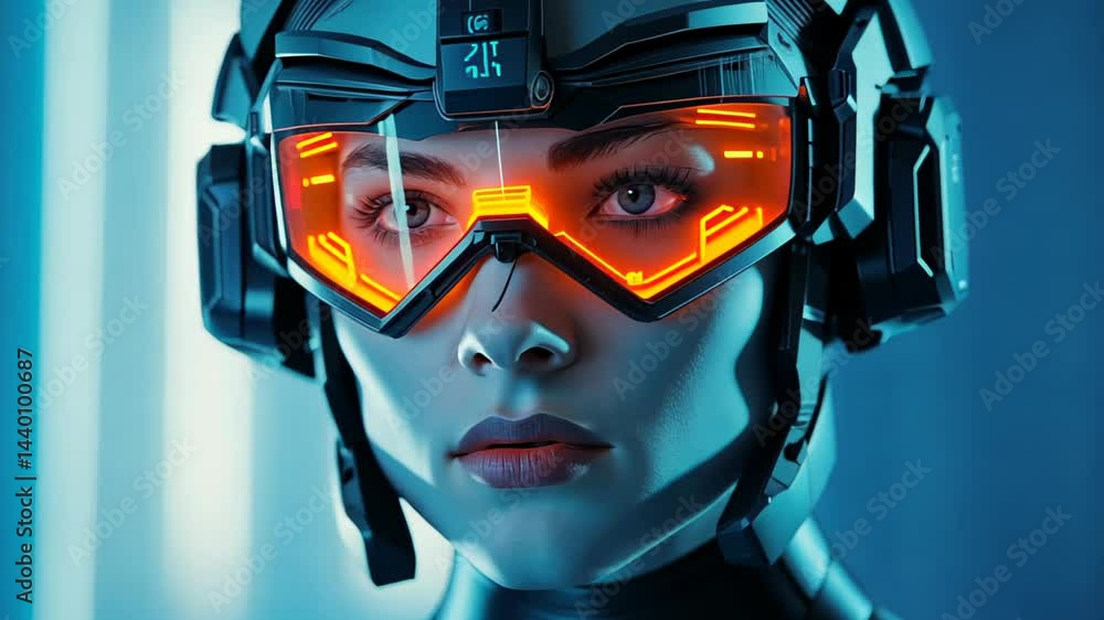Poster futuristic character in a high-tech environment showcasing vibrant visor visuals and sleek design du