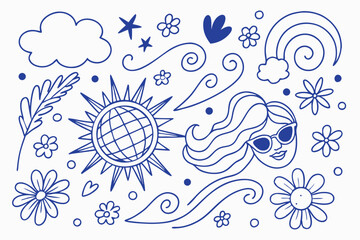 Groovy summer vibes doodle elements with girl sun flowers and rainbow