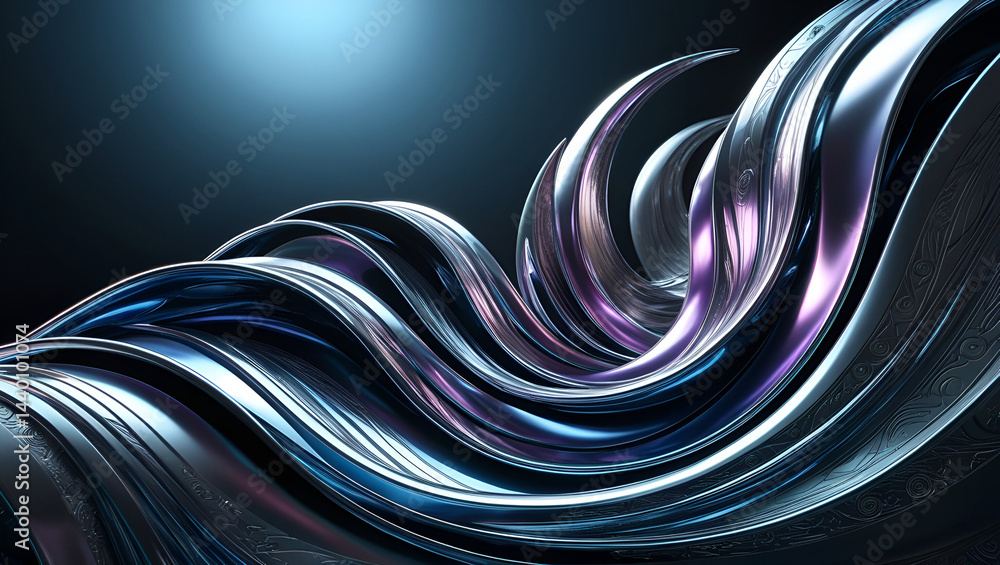 Poster abstract scene of dynamic metallic waves shimmering with light and motion for a futuristic effect