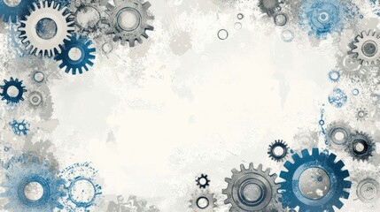 Gears and cogs art illustration, technical & grunge style with blue accents.