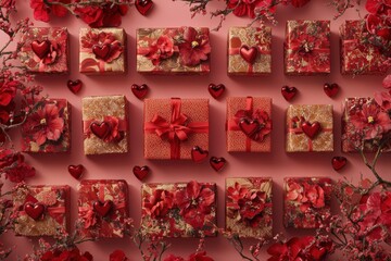 A Delicate Array of Valentine's Day Gifts Wrapped in Romantic Red Hues