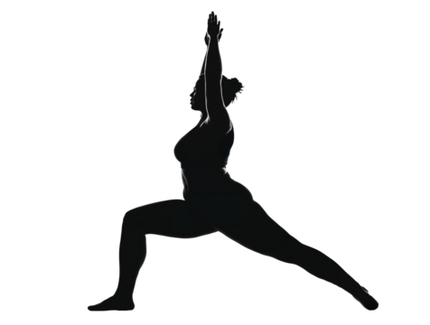 Silhouette of curvy woman practicing yoga warrior pose