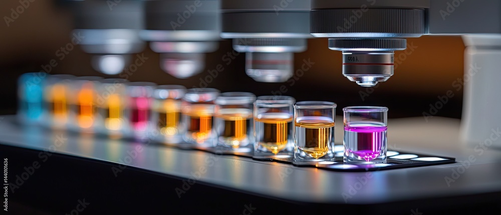 Poster dna nucleotide microscope concept. microscope lenses focused on colorful liquid samples in a laborat