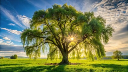 Obraz premium A black willow tree stands tall in a lush green field under a warm sunny sky with soft dappled sunlight filtering through its leaves and branches , sunlight, nature