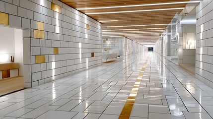 Obraz premium Modern Luxury Hotel Corridor with White Tiles Gold Accents and Bright Lighting