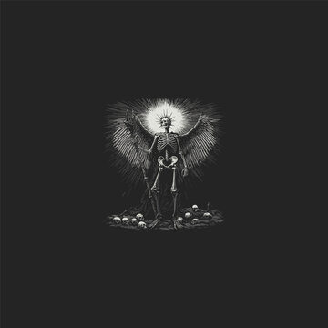 Winged skeleton stands in a powerful design vector template illustration