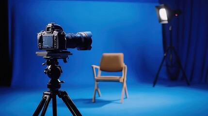 Camera on tripod with blue backdrop, chairs, and softboxes in a studio.