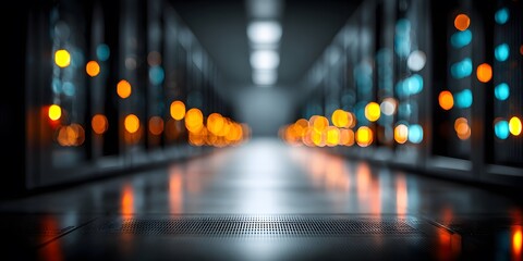 Abstract tech background, rows of server racks in data center, extreme shallow depth of field creates vibrant blurred bokeh lights, dark futuristic.