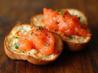 Two toasted bread slices topped with a spread of smoked salmon or similar finely chopped fish, garnished with black sesame seeds and chopped green herbs, presented on a wooden surface.