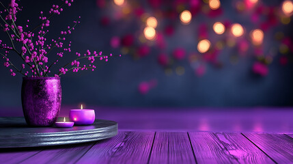 purple background with candles, flower vase and lights. 
