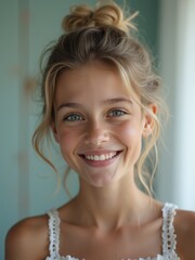 A close-up portrait shows a smiling young girl with her hair in a messy bun looking directly at the camera.