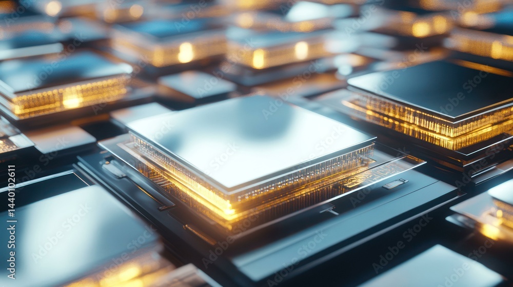Poster abstract close-up of a complex circuit board with glowing gold highlights.