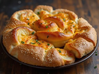 A circle of baked bread or pretzel pieces is topped with melted cheese and sprinkled with green herbs.