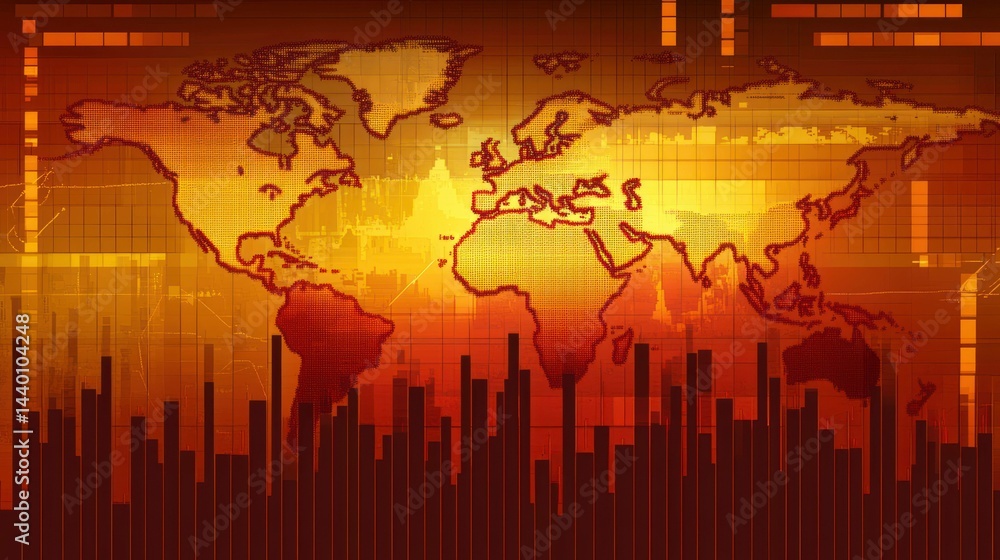 Poster digital world map with data graphs on a warm, grid-patterned background.