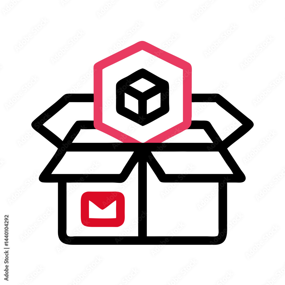 Poster red hexagon above envelope: abstract design for communication or technology