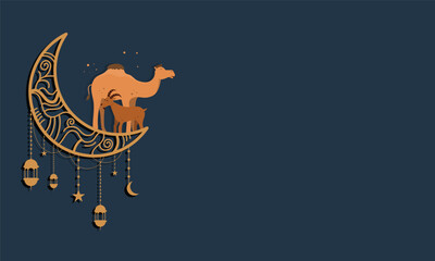 Camel in Desert with Crescent Moon Background eid al adha