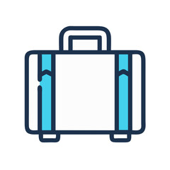 White Suitcase Icon with Blue Straps on Black Background