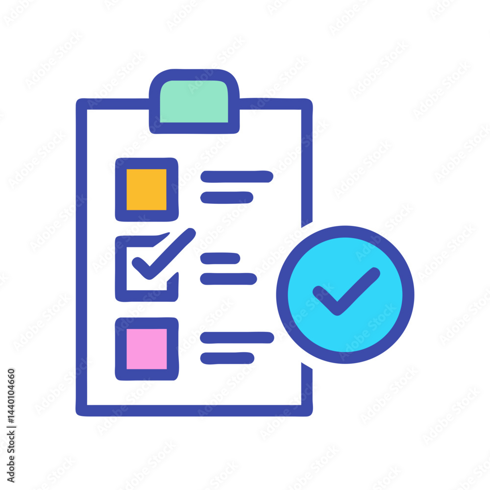Poster clipboard checklist with check mark, task completion and success icon