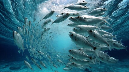 Fototapeta premium School of fish underwater, sunlight through water, marine life, vibrant coral reef, possible use for educational resources or nature photography