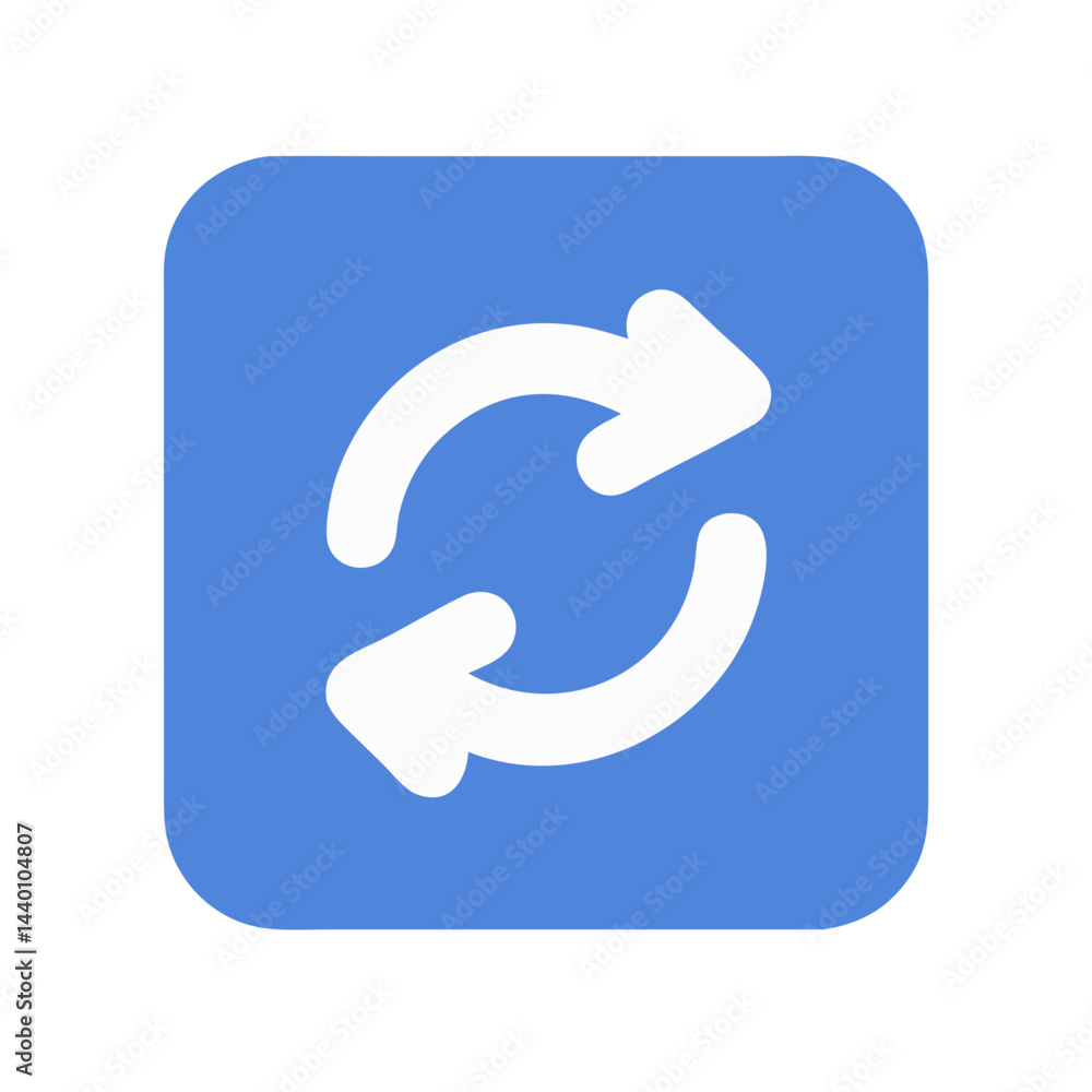Poster blue icon with two white rotating arrows for synchronization or refresh