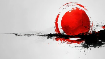 Circular red symbol with black brush strokes on white