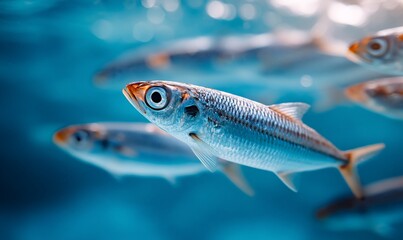 Naklejka premium School of small fish swimming underwater, vibrant blue water background, close-up view, possible use for aquarium design or nature education